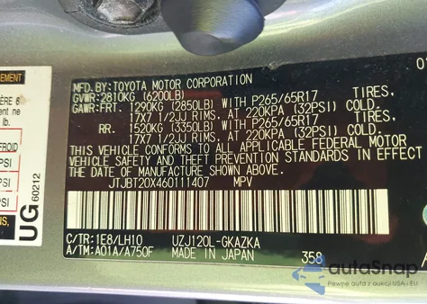 2006 Lexus Gx 470 из США, поврежденный, VIN JTJBT20X460111407